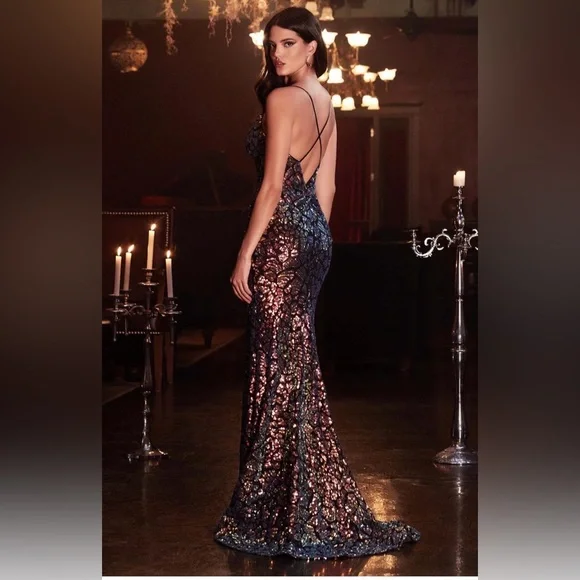 Elegant Black and Gold Evening Gown by CINDERELLA DIVINE CD972 - Picture 2 of 7